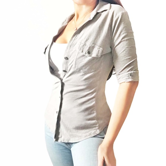 JAMES PERSE Gray 3/4 Sleeve Contrast Panel Shirt - Picture 1 of 12